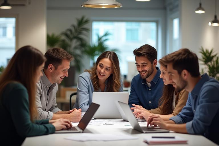 Digital Reach MY team collaborating in a modern office setting, showcasing a diverse group of professionals working together creatively and strategically.